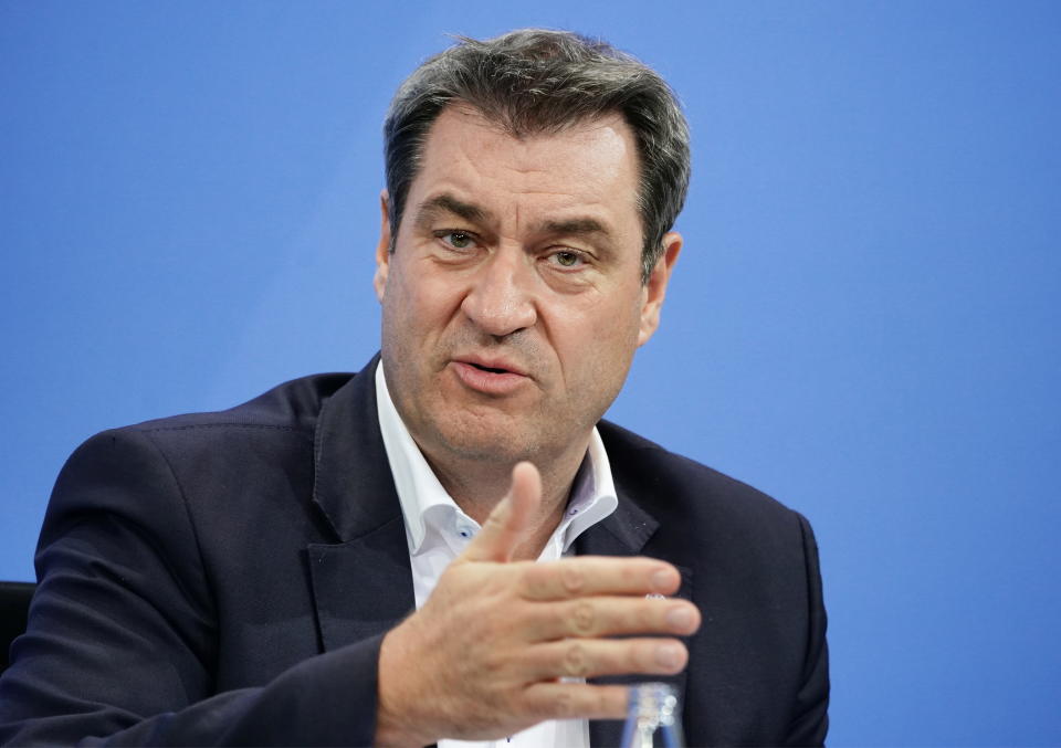 Bavarian State Premier Markus Soeder attends a news conference after discussing the country's vaccination campaign with the leaders of Germany's 16 federal states, amid the outbreak of the coronavirus disease (COVID-19), in Berlin, Germany, April 26, 2021.  Michael Kappeler/Pool via REUTERS