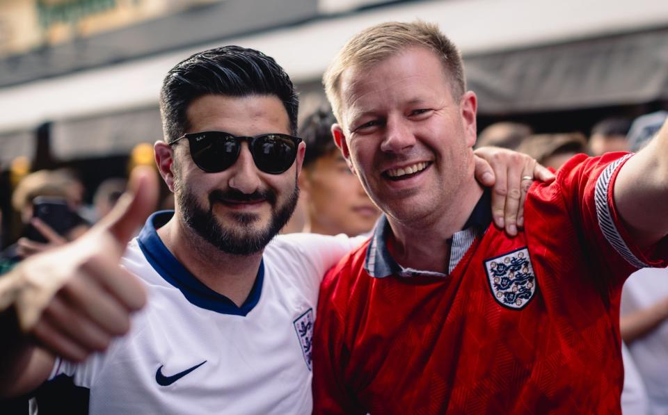 England fans gather on June 29, 2024 in Dusseldorf, Germany ahead of the UEFA Euro 2024 Football Championship round of 16 match between England and Slovakia in Gelsenkirchen