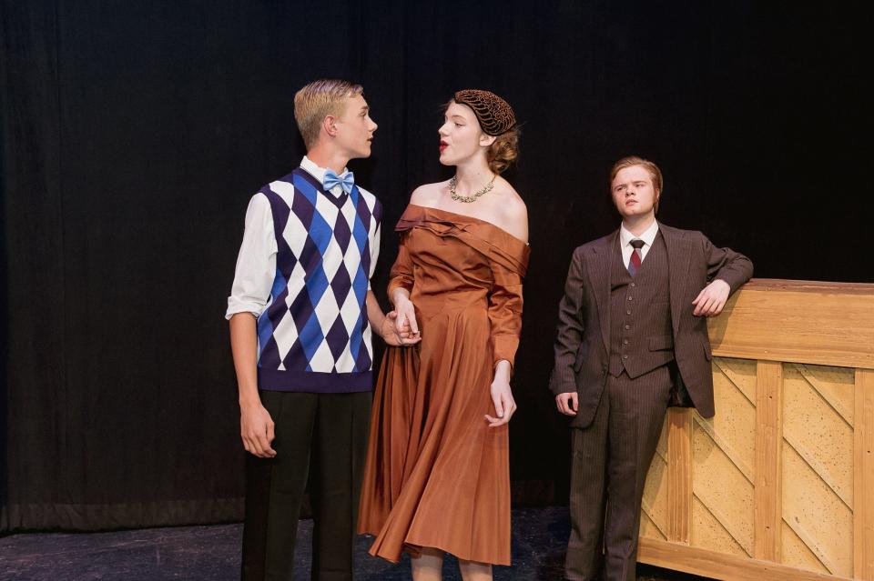 From left, Wesley Wilburn portraying Billy Lawler, Ashlyn Baum portraying Dorothy Brock and Maddox Nite portraying Julian Marsh perform a scene in ALT Academy's upcoming production "42nd Street."