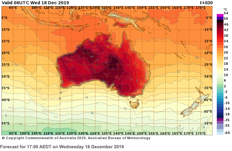 A Bureau of Meteorology map forecasts most of Australia will experience mid-30s to 40s temperatures on Wednesday at 5pm (AEST).