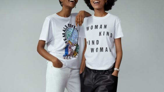 Designer T-shirts by Stella McCartney (left) and Roxanne Assoulin (right) have been launched by Net-a-Porter to raise funds for Women for Women International (Net-a-Porter)