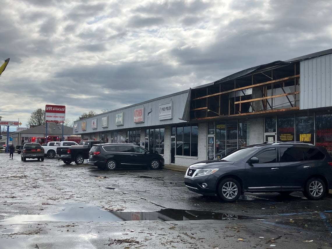 Severe storms in Lexington on April 2, 2024, caused damage to a strip mall on Versailles Road. Additional severe storms are expected in the area on Tuesday afternoon and evening.