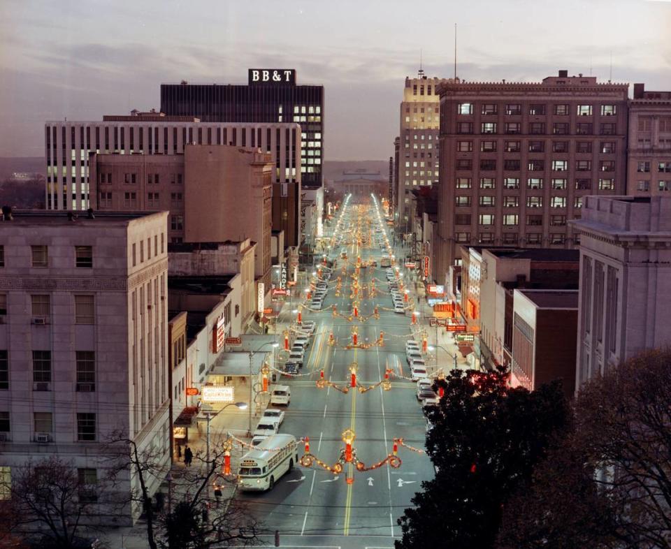 A view of holiday decorations along Fayetteville Street in Downtown Raleigh in 1968.