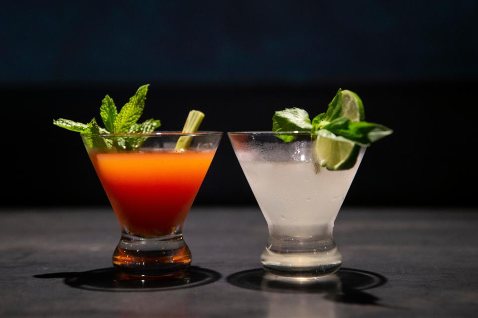 A Bunbotiny, spicy martini inspired from Vietnamese bún bò huế, and Pho-garita, a pho-inspired margarita, at Vibes Kitchen & Bar.