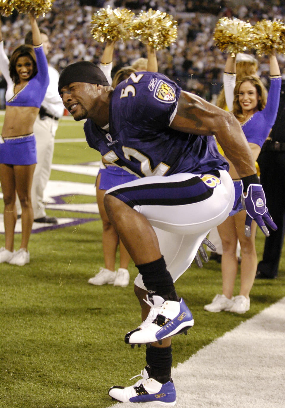 Baltimore Ravens linebacker Ray Lewis dances during pre-game introductions October 4, 2004 on Monday Night Football at Baltimore, Maryland. The 0 - 3 Chiefs defeated the Ravens 27 - 24. (Photo by Al Messerschmidt/Getty Images)