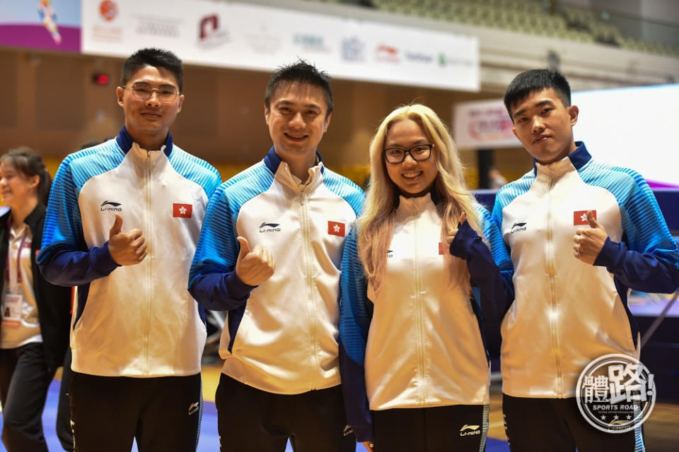 （左起）港將賴舜熺、教練林柏樑、港將劉潔瑩及李冠緯已準備充足迎戰亞錦賽。