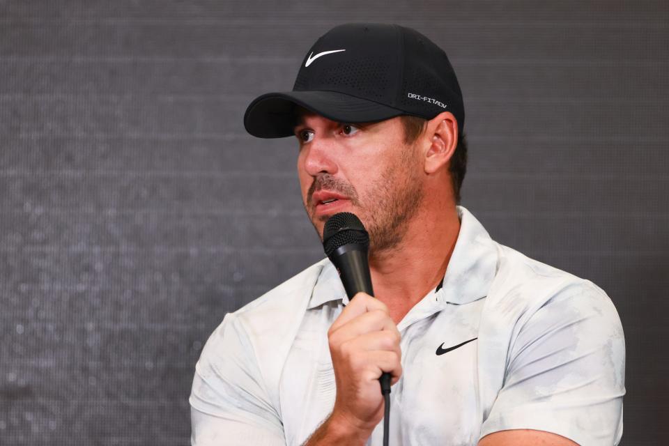 Apr 3, 2024; Miami, Florida, USA; Brooks Koepka talks to reporters during a LIV Golf Miami practice round at Trump National Doral. Mandatory Credit: Sam Navarro-USA TODAY Sports