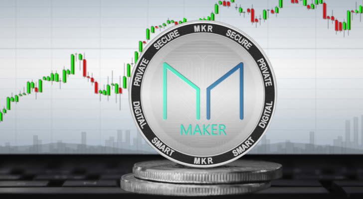 A concept Maker (MKR) token in front of a trading chart.