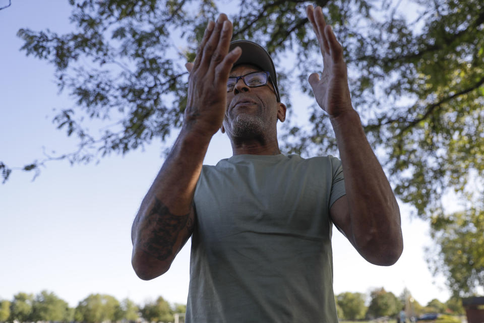 Kevin Bryant discusses the impeachment inquiry into President Donald Trump while walking in a park,Wednesday, Oct. 9, 2019, in Fishers, Ind. (AP Photo/Darron Cummings)