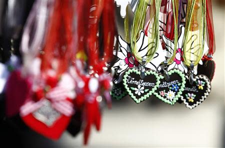 Necklaces for sale are displayed at a stall at Munich's 180th Oktoberfest October 3, 2013. REUTERS/Michaela Rehle