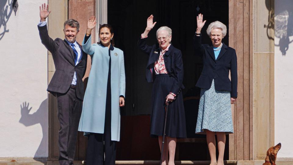 Queen Margrethe II  (2ndR) together with Denmark's Princess Benedikte (R), Queen Mary of Denmark and King Frederik X of Denmark wave to onlookers at Fredensborg Castle  ahead of festivities of Queen Margrethe's 84th birthday in Fredensborg, Denmark