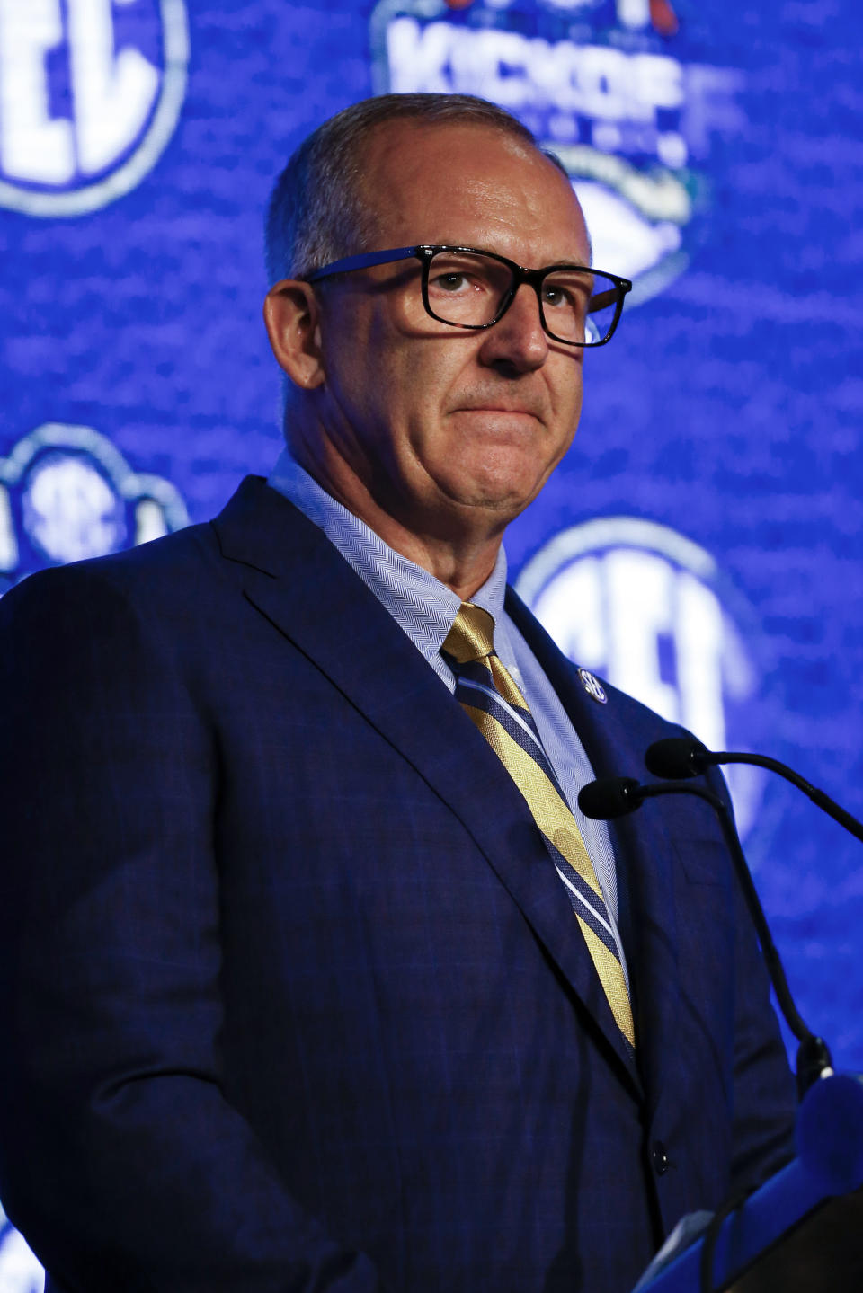 Southeastern Conference commissioner Greg Sankey speaks during the NCAA college football Southeastern Conference Media Days, Monday, July 15, 2019, in Hoover, Ala. (AP Photo/Butch Dill)