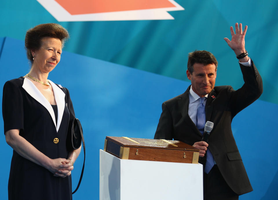 LONDON, ENGLAND - JULY 27: Princess Anne, Princess Royal and LOCOG Chairman Sebastian Coe present the Olympic medals during the' London 2012 - One Year To Go' ceremony in Trafalgar Square on July 27, 2011 in London, England. The one year countdown to the London 2012 Olympic games was marked with a unique ceremony in Trafalgar Square, with IOC President Jacques Rogge inviting the world's athletes to compete in next summer's games. (Photo by Clive Mason/Getty Images)