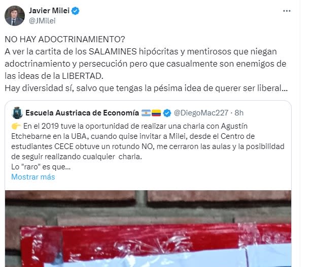 Javier Milei denuncia que prohibieron a los economistas liberales en la UBA