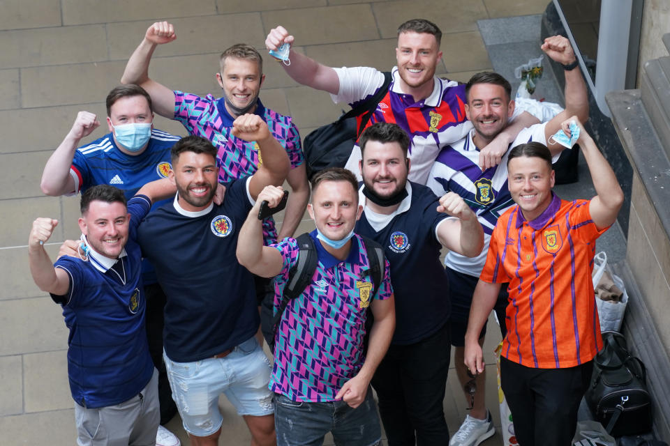 Scotland fans at Edinburgh Waverley railway station as they prepare to travel to London ahead of the UEFA Euro 2020 match between England and Scotland at Wembley Stadium. Issue date: Friday June 18, 2021. (Photo by Jane Barlow/PA Images via Getty Images)