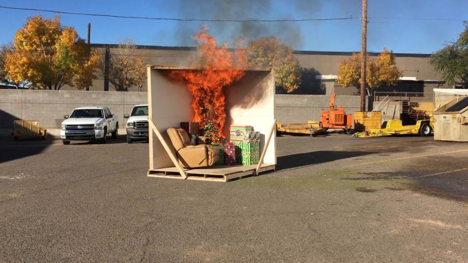 Firefighters in Arizona demonstrate how a dry Christmas tree can quickly go up in flames.