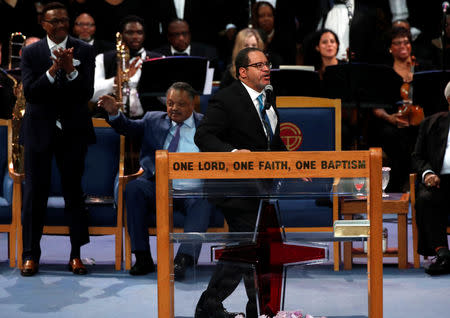 Georgetown University Professor Rev. Michael Eric Dyson speaks at the funeral service for the late singer Aretha Franklin at the Greater Grace Temple in Detroit, Michigan, U.S., August 31, 2018. REUTERS/Mike Segar
