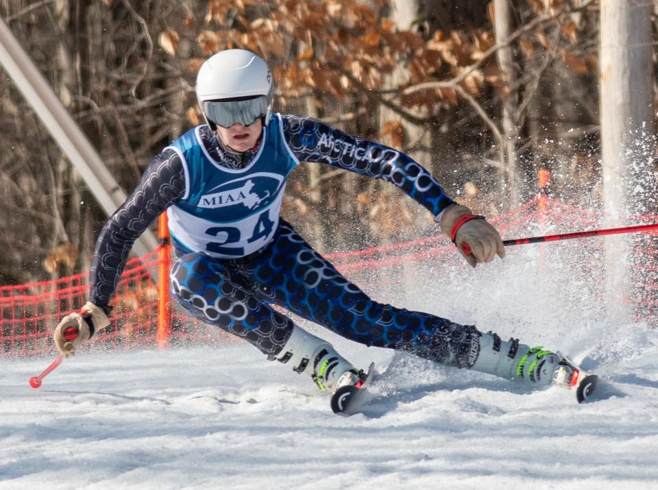 Owen Ludden of St. John's makes his way during his run at the MIAA Alpine Ski Championships at Wachusett Mountain.