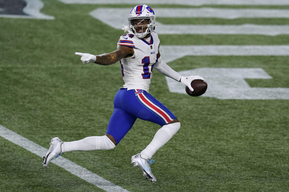 Buffalo Bills wide receiver Stefon Diggs crosses the goal line for one of his three touchdowns. (AP Photo/Elise Amendola)