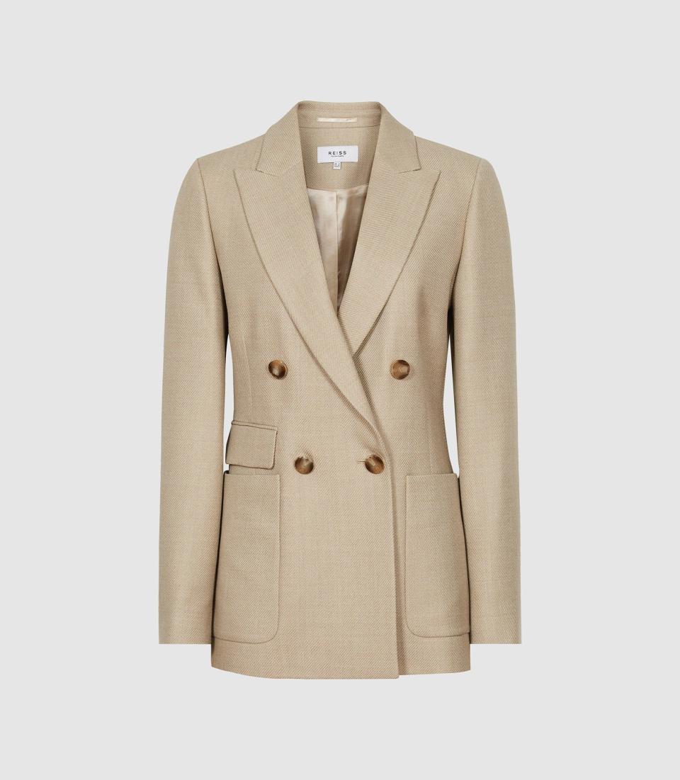 11) Larsson Neutral Double Breasted Twill Blazer