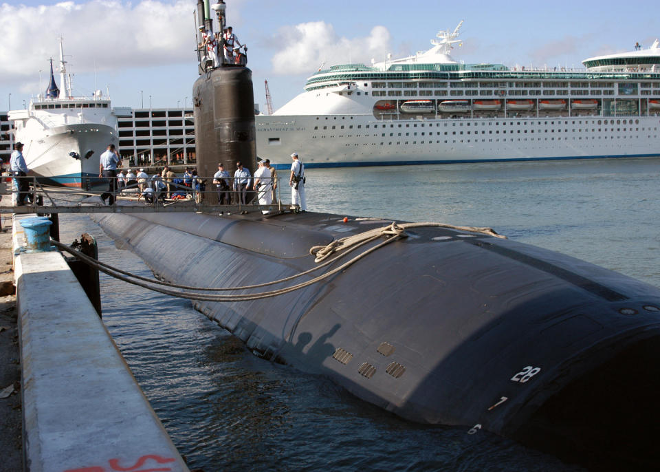 FILE - This April 26, 2004 file photo provided by the U.S. Navy, shows the USS Miami SSN 755, in Fort Lauderdale, Fla. Civilian employee Casey James Fury, 24, of Portsmouth, N.H., is scheduled for a hearing in Portland, Maine on Monday, July 23, 2012 on charges of setting a fire aboard the submarine while it was in dry dock at the Portsmouth Naval Shipyard in Kittery, Maine on May 23, and setting a second fire outside the sub on June 16. (AP Photo/U.S. Navy, PH2 Kevin Langford)