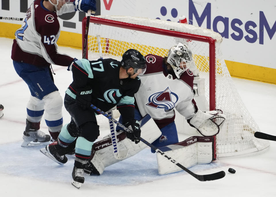 Seattle Kraken center Jaden Schwartz (17) almost puts the puck past Colorado Avalanche goaltender Alexandar Georgiev (40) during the third period of Game 4 of an NHL hockey Stanley Cup first-round playoff series Monday, April 24, 2023, in Seattle. (AP Photo/Lindsey Wasson)