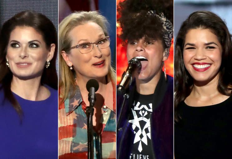 From left, Debra Messing, Meryl Streep, Alicia Keys, and America Ferrera were just a few of the celebs who took the stage at the DNC on Tuesday night. (Photo: Alex Wong/Getty Images)