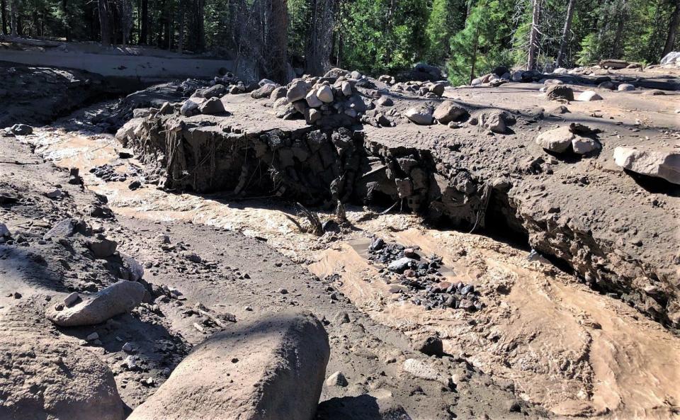 A mudlfow from Mud Creek southeast of Mt. Shasta cut off Forest Road 31 southeast of Mt. Shasta. Surges of mud, rocks and logs make the road impassable and on Saturday, July 10, 2021, forest officials say the mud has covered part of Pilgrim Creek Road.