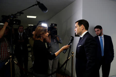 Sen. Marco Rubio (R-FL) speaks with reporters following a closed meeting of the Senate Intelligence Committee on Capitol Hill in Washington, D.C., U.S. May 25, 2017. REUTERS/Aaron P. Bernstein