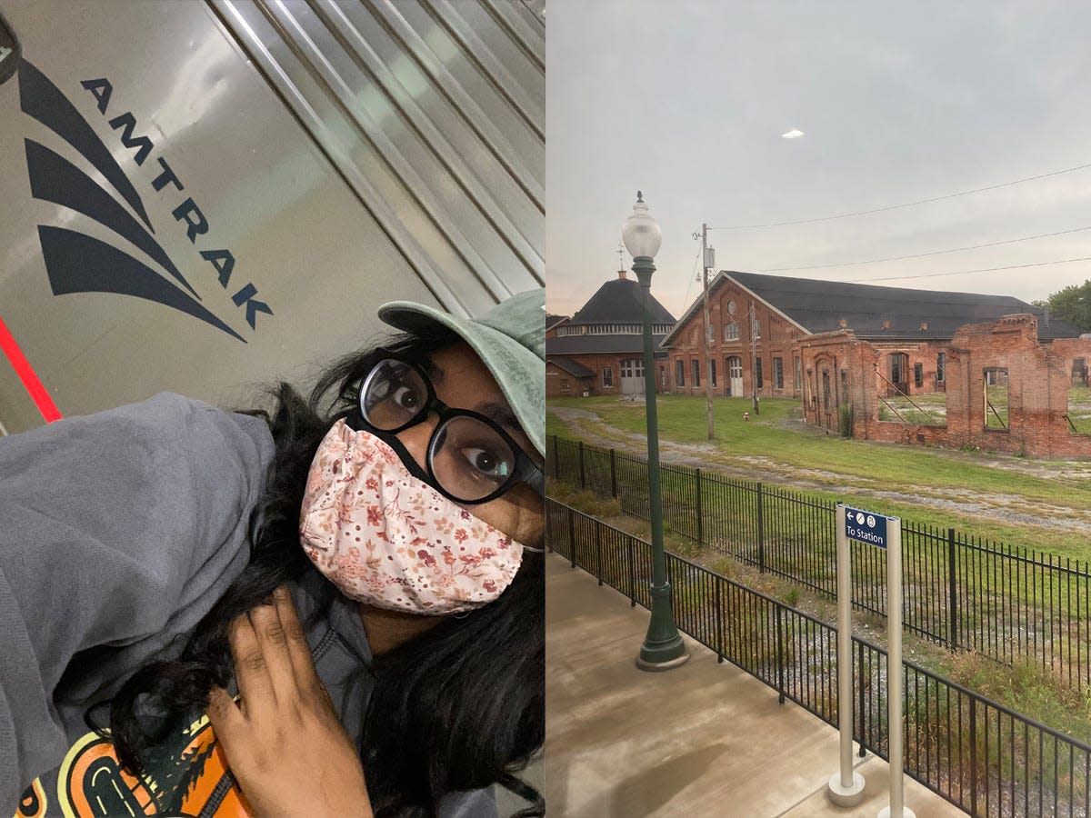 The writer and her mask posing next to a train next to an image of the views