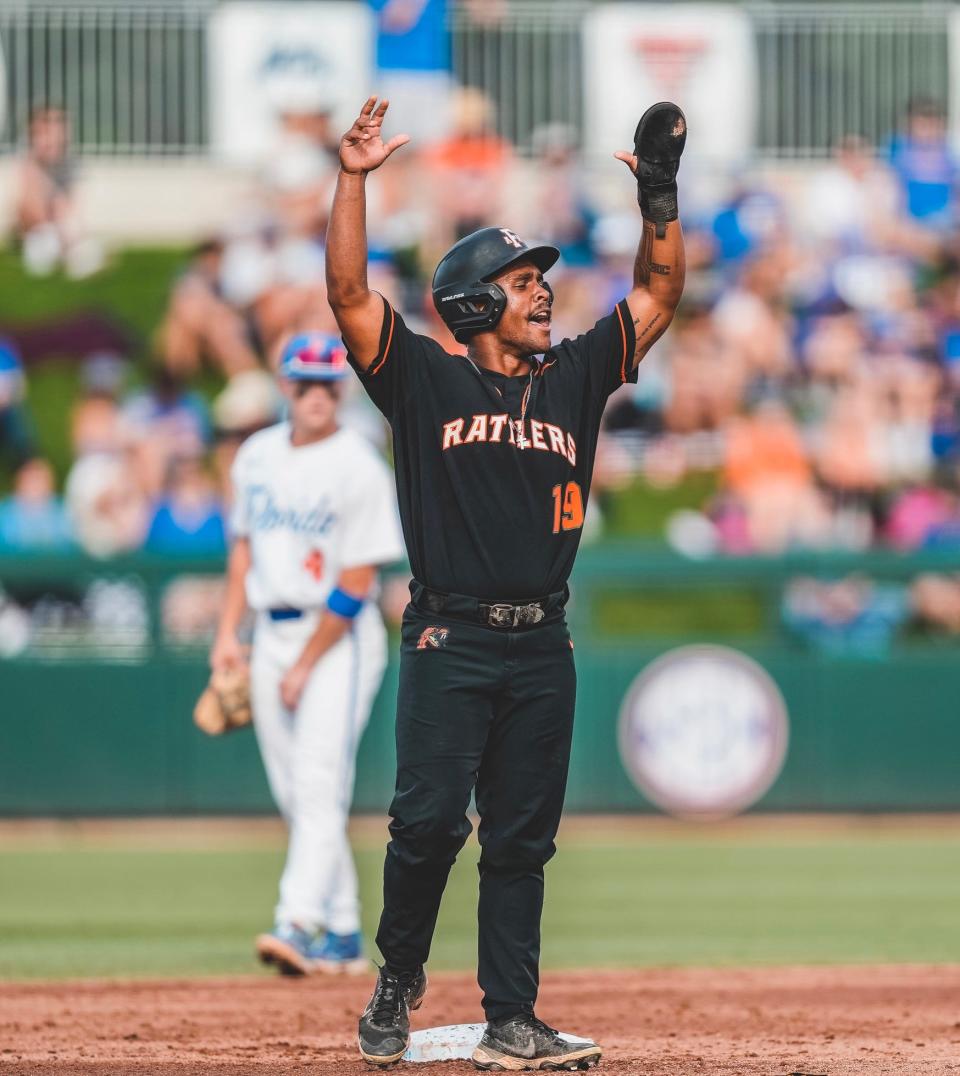 Florida A&M baseball outfielder Ty Jackson (19) celebrates on base during the during the NCAA Tournament Gainesville Regional against Florida at Condron Family Ballpark in Gainesville, Florida, Friday, June 2, 2023