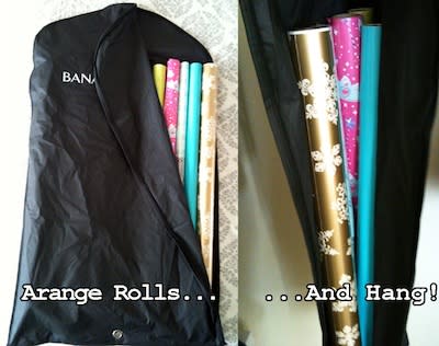 Store wrapping paper in garment bags