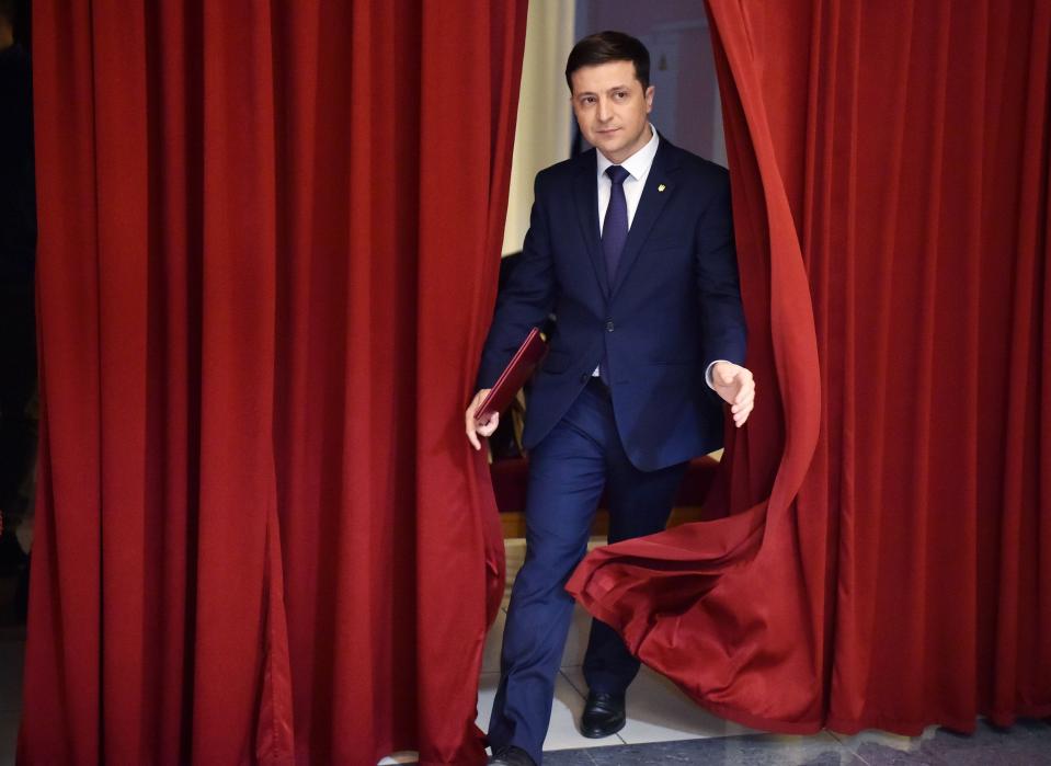 Actor Volodymyr Zelenskyy shooting the TV show "Servant of the People" in Kyiv on March 6, 2019,  shortly before he won the Ukrainian presidential election.