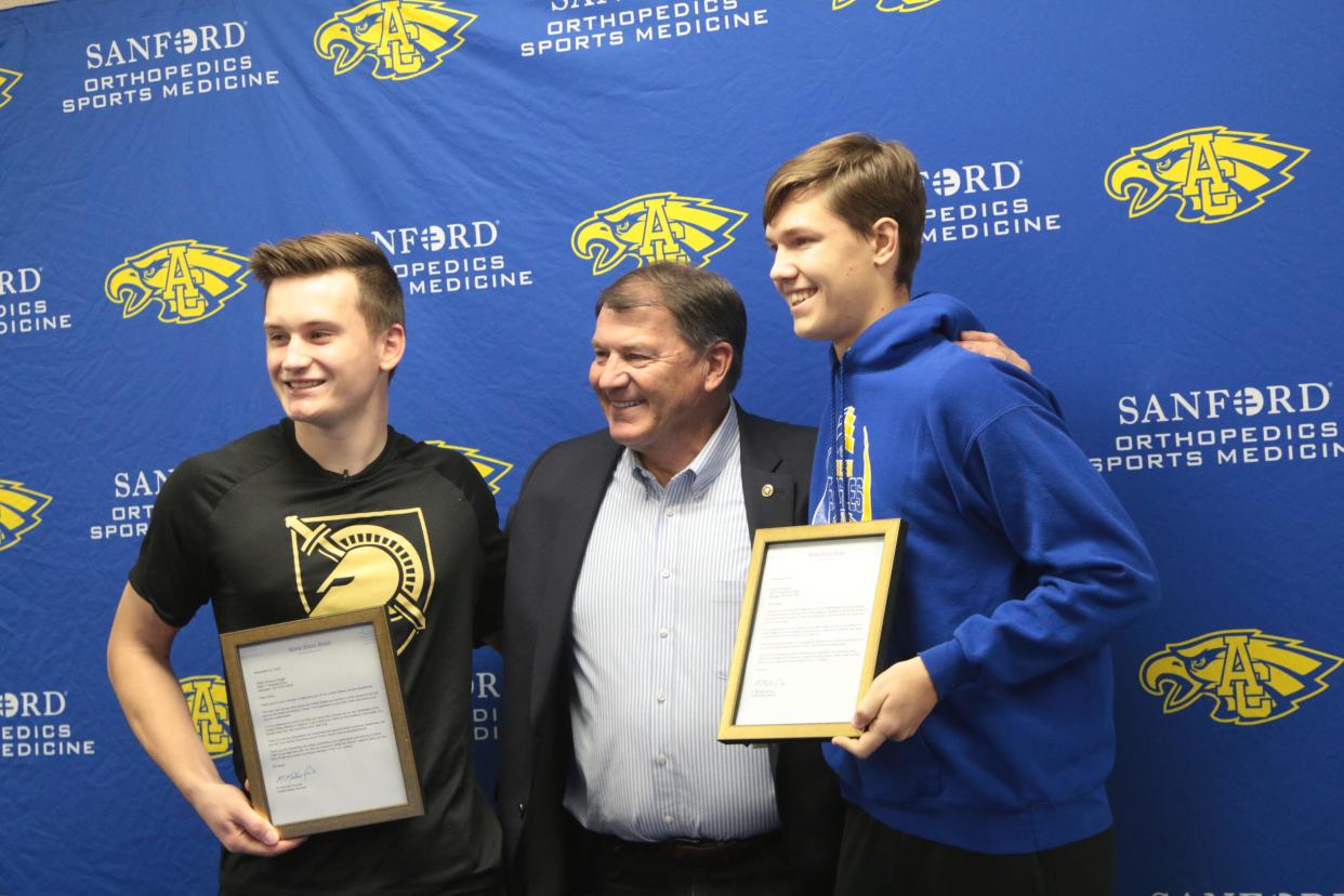 In a unique turn of events, two Aberdeen Central seniors received principal nominations to military academies this year. U.S. Sen. Mike Rounds, center, surprised Ethan Fergel, left, and Dustin Hermansen with their nominations Wednesday at school.