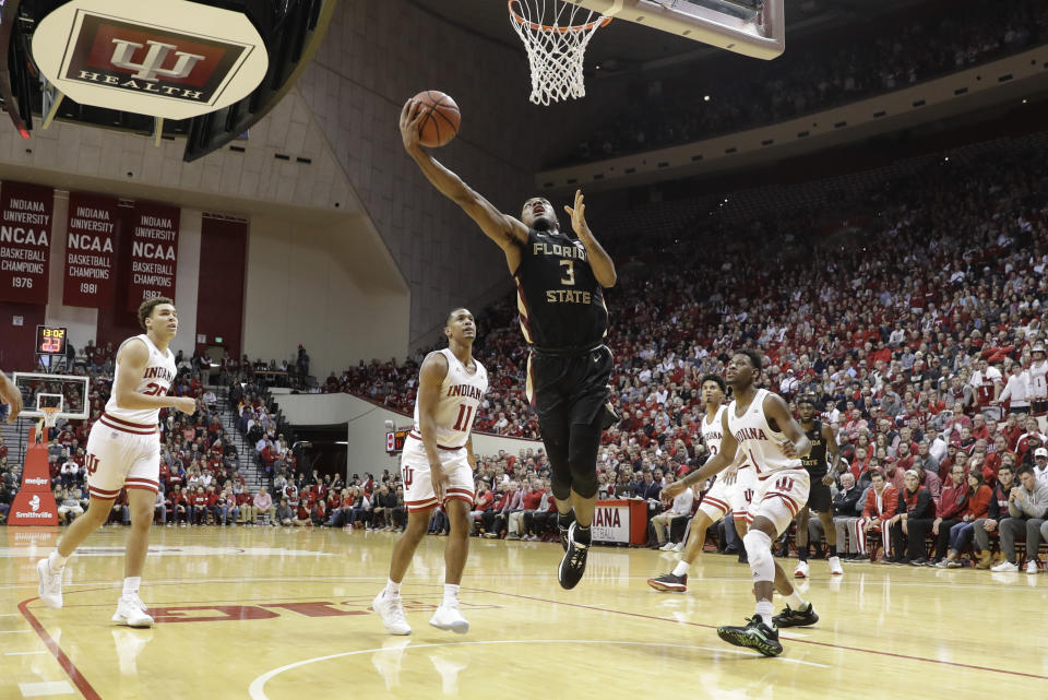 Florida State's Trent Forrest (3) shoots during the second half of the team's NCAA college basketball game against Indiana, Tuesday, Dec. 3, 2019, in Bloomington, Ind. Indiana won 80-64. (AP Photo/Darron Cummings)