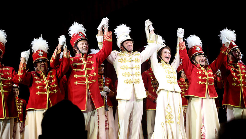 Hugh Jackman and Sutton Foster perform onstage during the opening night curtain call. - Credit: Bruce Glikas/FilmMagic