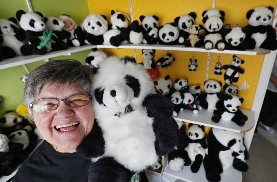 Celine Cornet holds a panda soft toy, part of a collection of 2,200 pieces of panda collectables, in her house in Haccourt