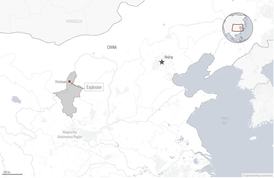 This image shows the location of a cooking gas explosion at a barbecue restaurant that occurred Wednesday, June 21, 2023, in Yinchuan, northwestern China. The deadly blast tore through the establishment Wednesday on a busy street in Yinchuan, the capital of the traditionally Muslim Ningxia Hui Autonomous Region, as people were gathering on the eve of the Dragon Boat Festival holiday, the official Xinhua News Agency said. (AP Photo)