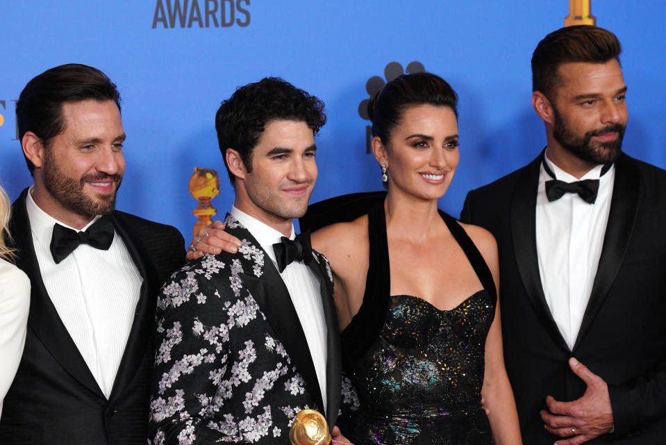 Darren Criss, Penelope Cruz, Ricky Martin, and Finn Wittrock pose in the press room during the 76th Annual Golden Globe Awards held at the Beverly Hilton Hotel on January 06, 2019 in Beverly Hills, CA, USA (Photo by JC Olivera/Sipa USA)