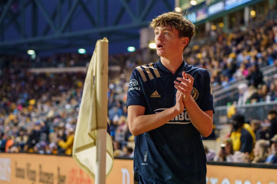 Philadelphia Union's Jack McGlynn looks on as he is taken out of the game during the second half of an MLS playoff soccer match against New York City FC, Sunday, Dec. 5, 2021, in Chester, Pa. New York City FC won 2-1 and clinches the MLS Eastern Conference Championship.