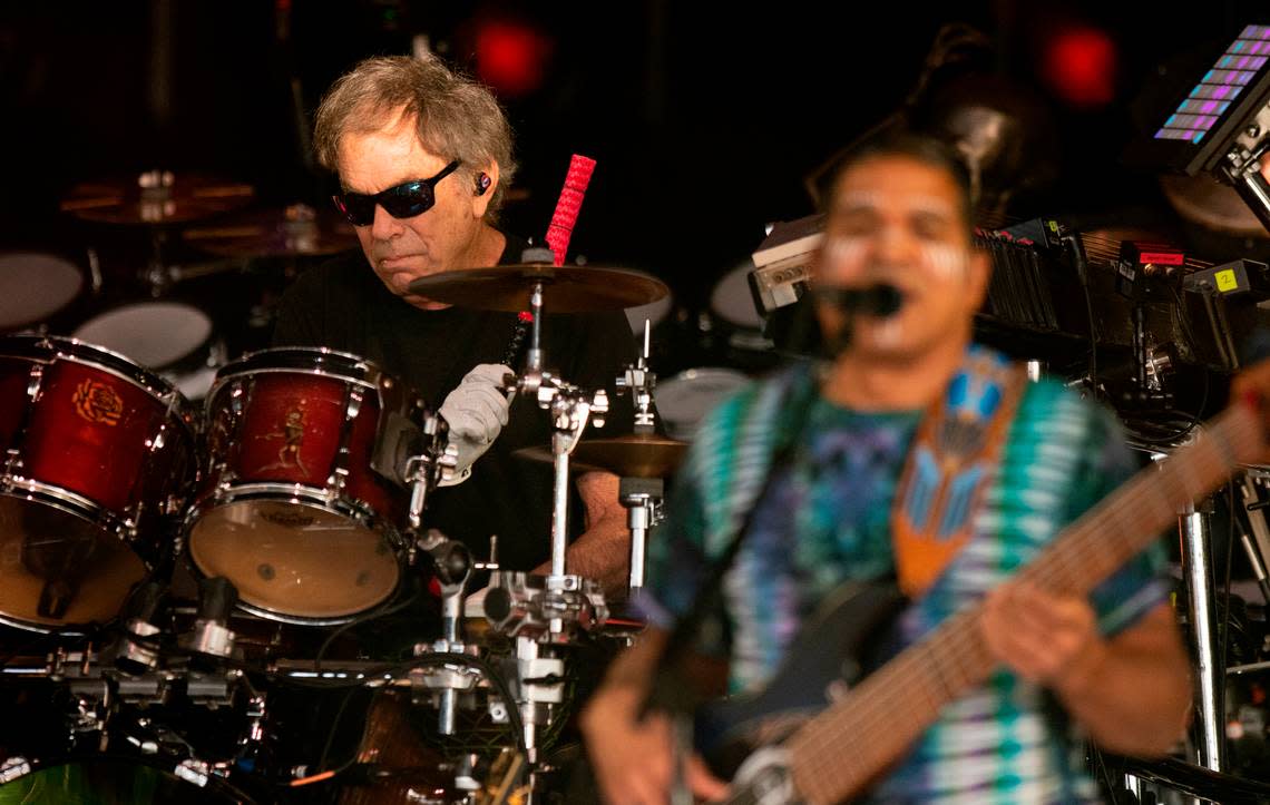 Drummer Mickey Hart lays down a beat with bassist Oteil Burbridge at front as Dead & Company perform on their final tour at Raleigh, N.C.’s Coastal Credit Union Music Park at Walnut Creek, Thursday night, June 1, 2023.