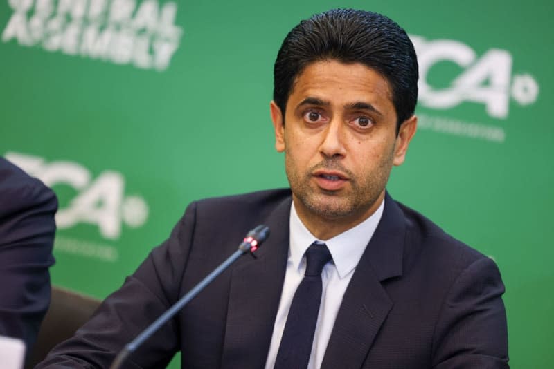 Nasser Al-Khelaifi, President of Paris Saint-Germain, speaks at a press conference after the General Assembly meeting of the European Club Association (ECA). Gerald Matzka/dpa