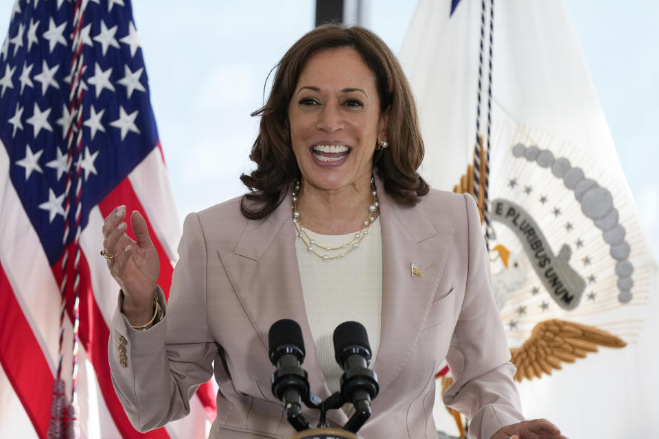 FILE - Vice President Kamala Harris speaks during a visit to the University of Miami's Rosenstiel School of Marine, Atmospheric, and Earth Science on April 21, 2023, in Key Biscayne, Fla. Harris will be the first woman to deliver a commencement speech at a West Point graduation ceremony, White House officials said. Vice President Harris will deliver the keynote address on May 27 at the U.S. Military Academy for the Class of 2023. (AP Photo/Rebecca Blackwell, File)