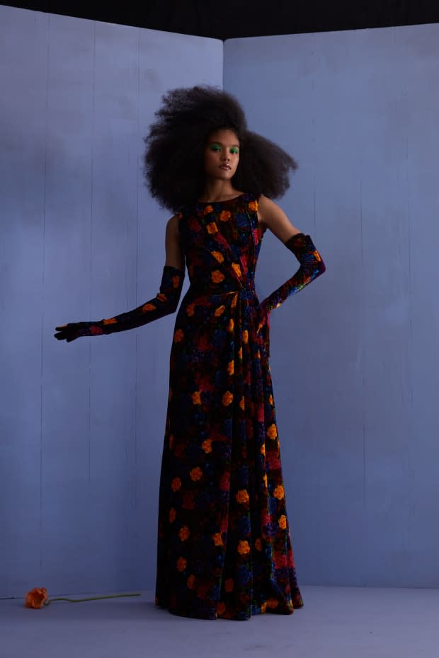 A velvet floral gown from Jonathan Cohen's Fall 2020 collection, which never went into production, comes back for the brand's 2021 ready-to-wear return.