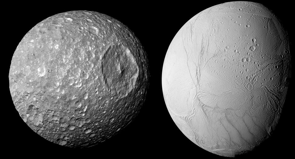 A scientist with the Southwest Research Institute has discovered that Saturn's small moon Mimas (left) likely has something in common with its larger neighbor Enceladus: an internal ocean beneath a thick icy surface.  / Credit: NASA / JPL-Caltech / Space Science Institute