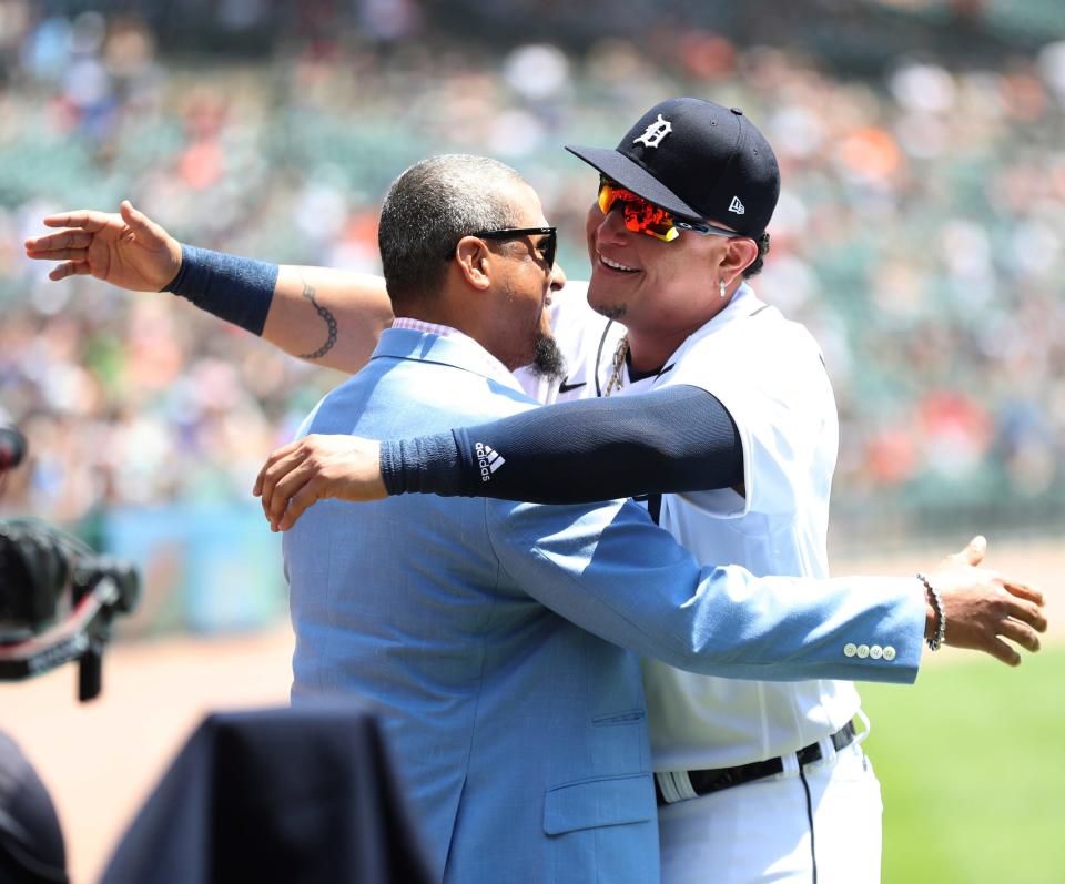 Detroit Tigers DH Miguel Cabrera (24) was honored for his 3,000 hits and 500 homers before the game against the Toronto Blue Jays on Sunday, June 12, 2022. Cabrera was surprised by former teammate Victor Martinez who presented him with the ball from the 3,000th hit during the ceremony.