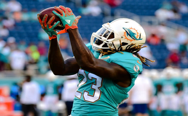 Aug 25, 2016; Orlando, FL, USA; Miami Dolphins running back Jay Ajayi (23) before a game against the Atlanta Falcons at Camping World Stadium. Mandatory Credit: Steve Mitchell-USA TODAY Sports