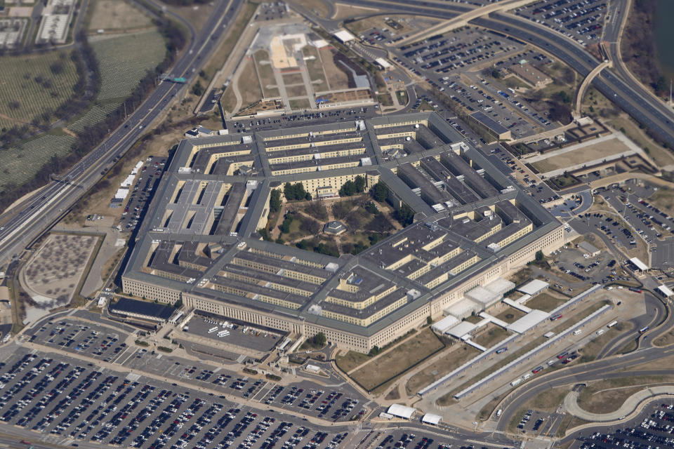 The Pentagon is seen from Air Force One as it flies over Washington, March 2, 2022.  / Credit: Patrick Semansky / AP