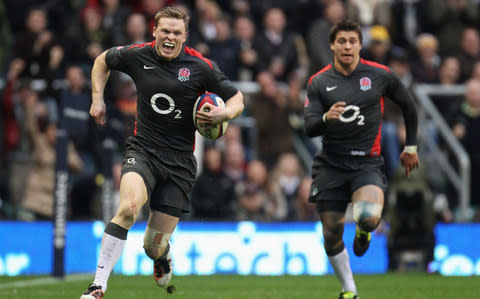  Chris Ashton of England breaks away for his second try during the Investec international test match between England and Australia at Twickenham Stadium on November 13, 2010 in London, England - Credit: Getty Images