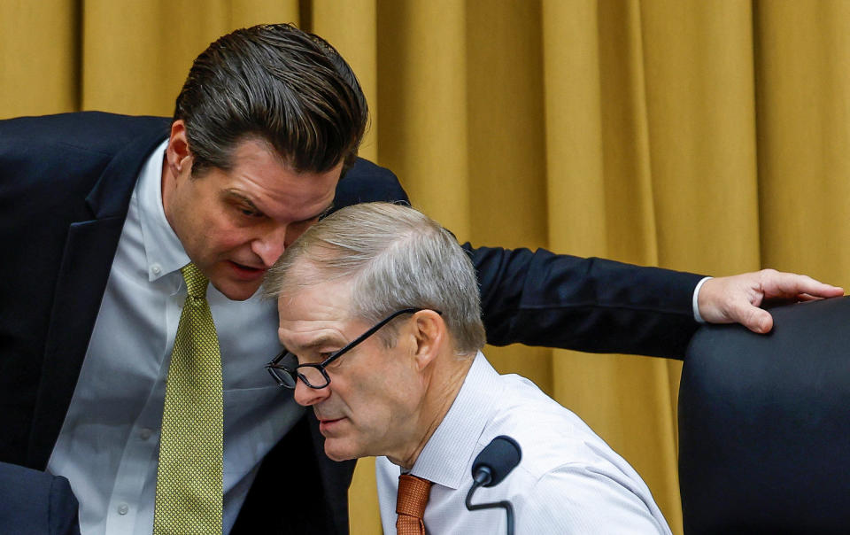 Reps Matt Gaetz, R-Ohio, and Jim Jordan, R-Ohio, during a House hearing. (Evelyn Hockstein / Reuters file)